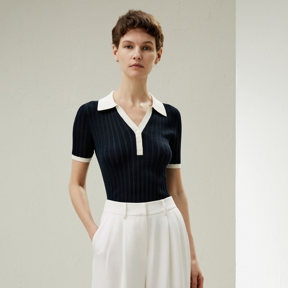Lilysilk Tops - Silk Navy and White Collared Rib Knit Top